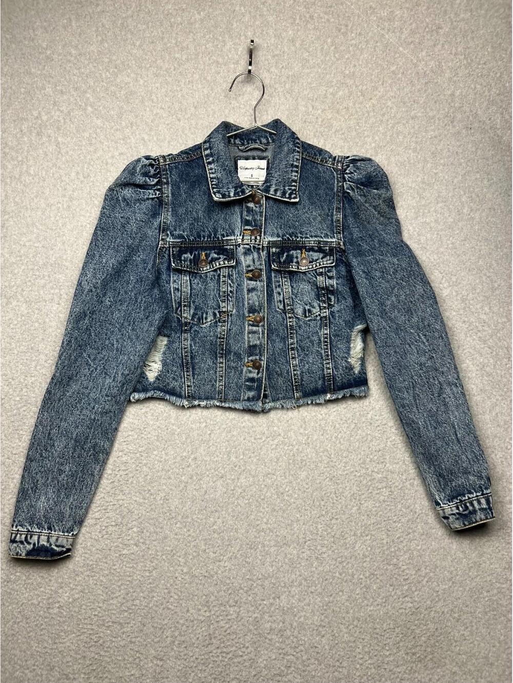 Highway Jeans Jacket Denim Puffed Sleeves Ripped Distressed Crop S USA Med Wash - Picture 1 of 7